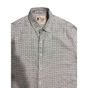 Vintage Silk Mens Large Blue White Geometric Silk Rayon Short Sleeve Button Down